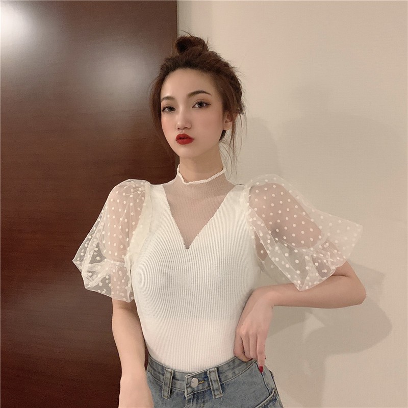 Áo sơ mi kiểu nữ tay lưới ngắn Emilyshop