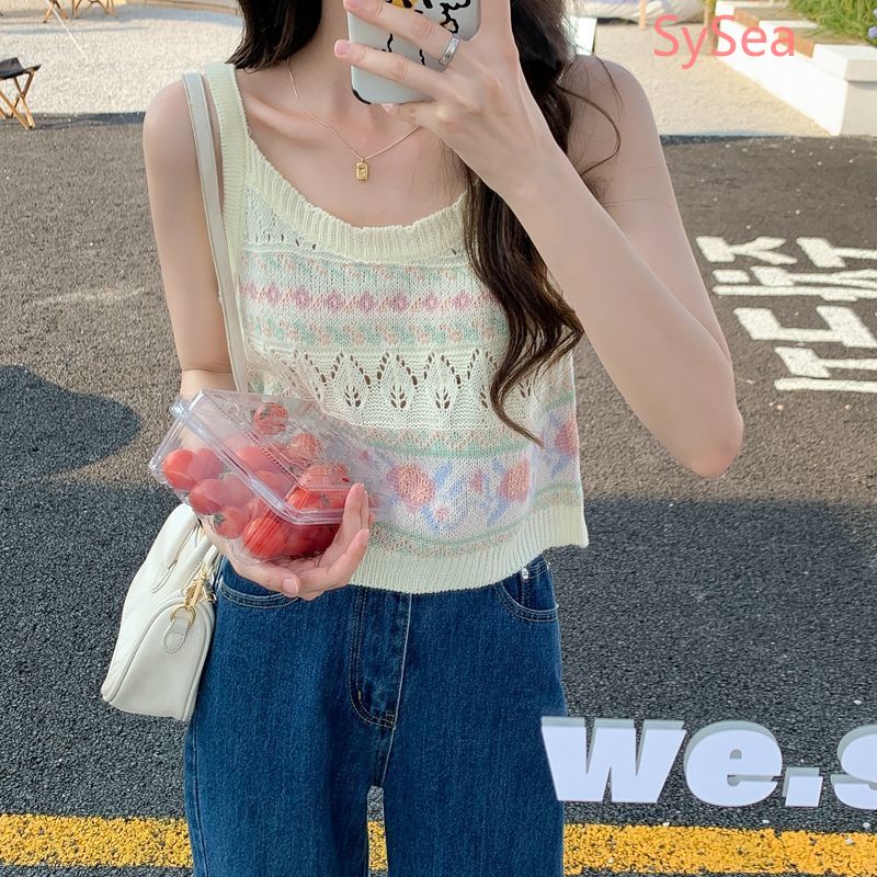 Áo Croptop Dệt Kim Không Tay Kiểu Retro Pháp Thời Trang Mùa Hè Cho Nữ