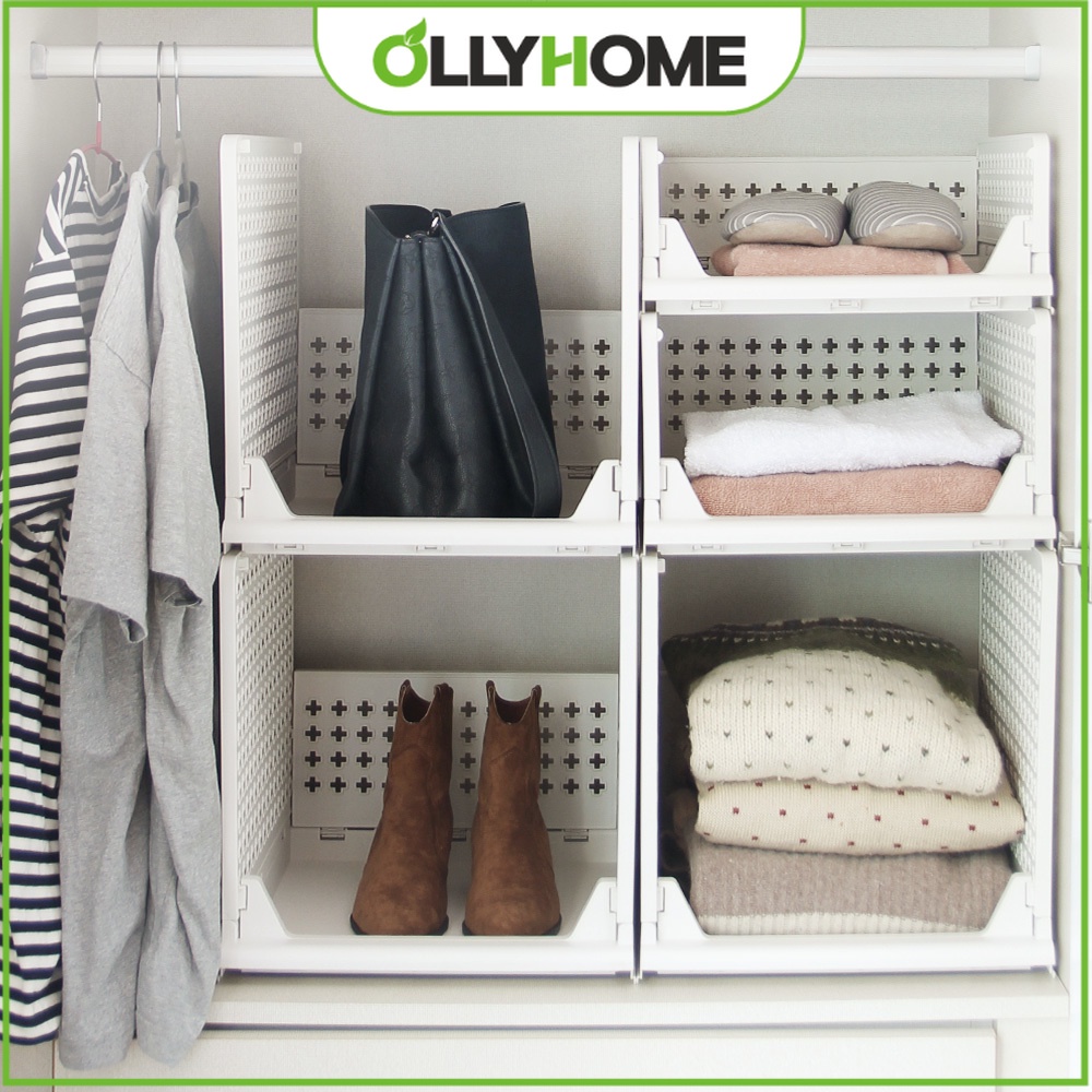 Hộp đựng quần áo nhựa chia tủ Ollyhome, Kệ nhựa đựng đồ xếp gọn có thanh trượt, Khay đựng đồ nhựa đa năng Hàn Quốc