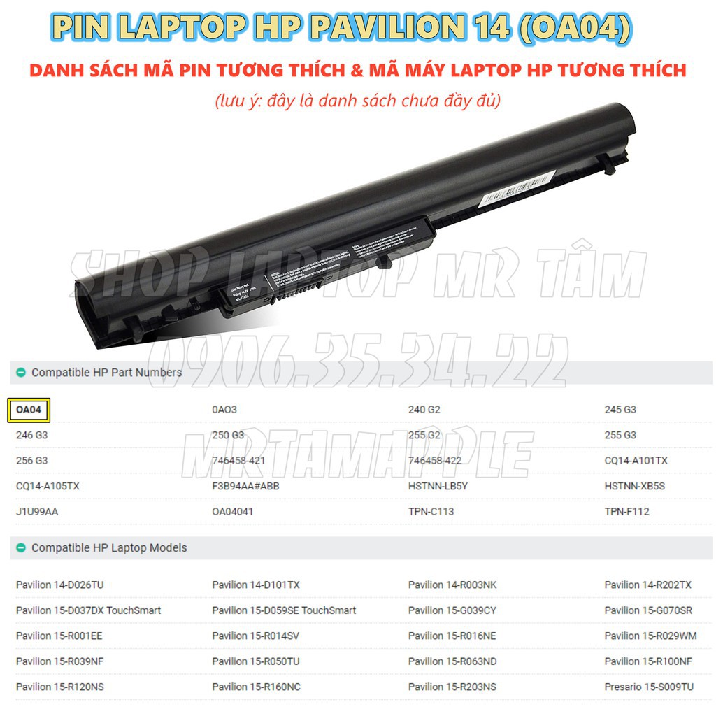 Pin Laptop HP PAVILION 14 (OA04) - 4 CELL - Compaq 14-d000, 15-h000, 15-g000, 15-r000, 15-s000, CQ14, CQ15