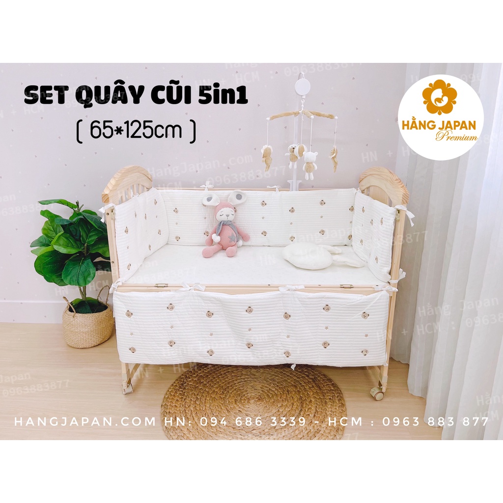 Bộ quây cũi vải 5 in 1 hình gấu kèm ga chun bọc đệm cho bé kích thước 65*125cm