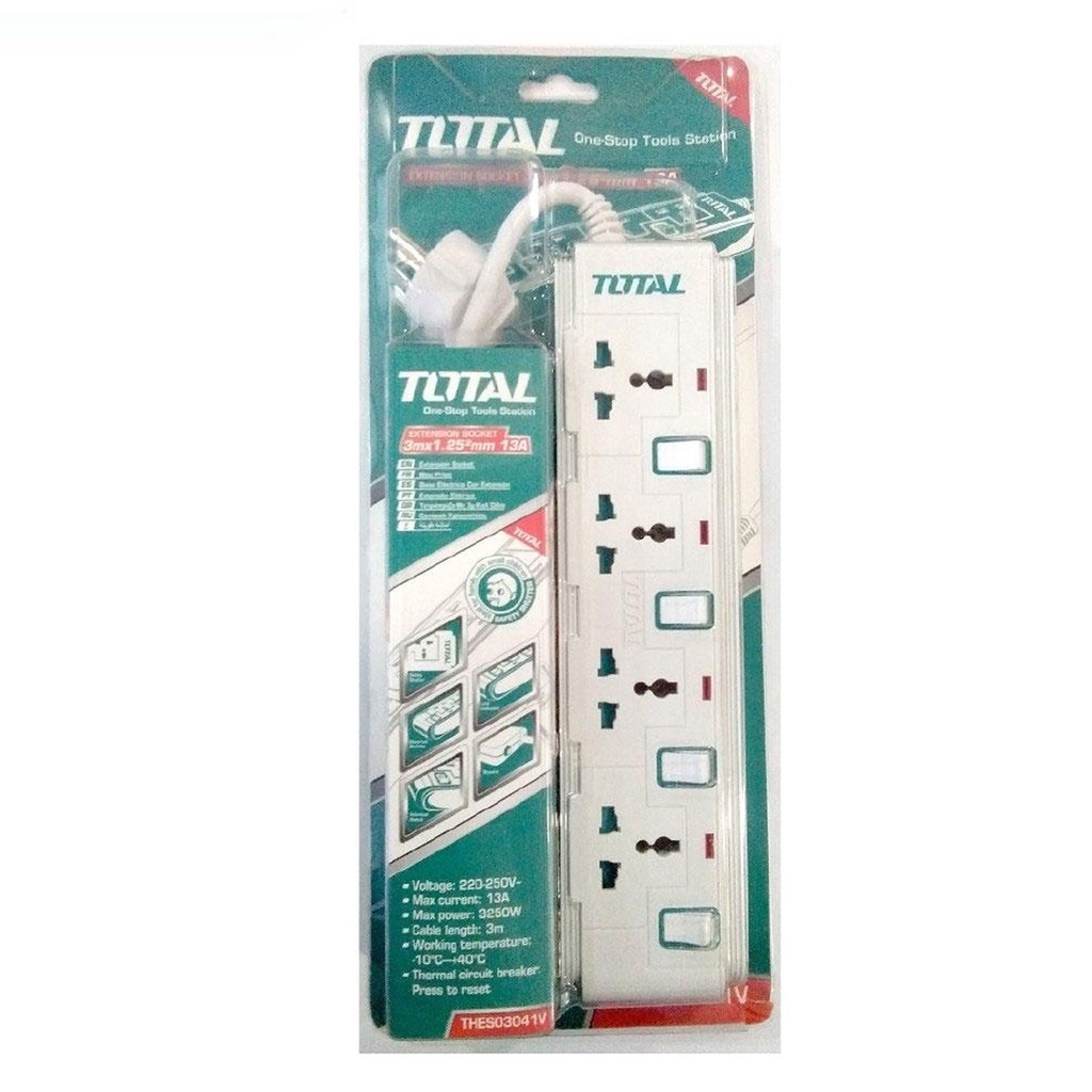Ổ Cắm Điện Đa Năng TOTAL THES03041V 4 ổ cắm công tắc riêng 13A tải 3250W Dây đồng 3m chống cháy, quá tải, chống giật