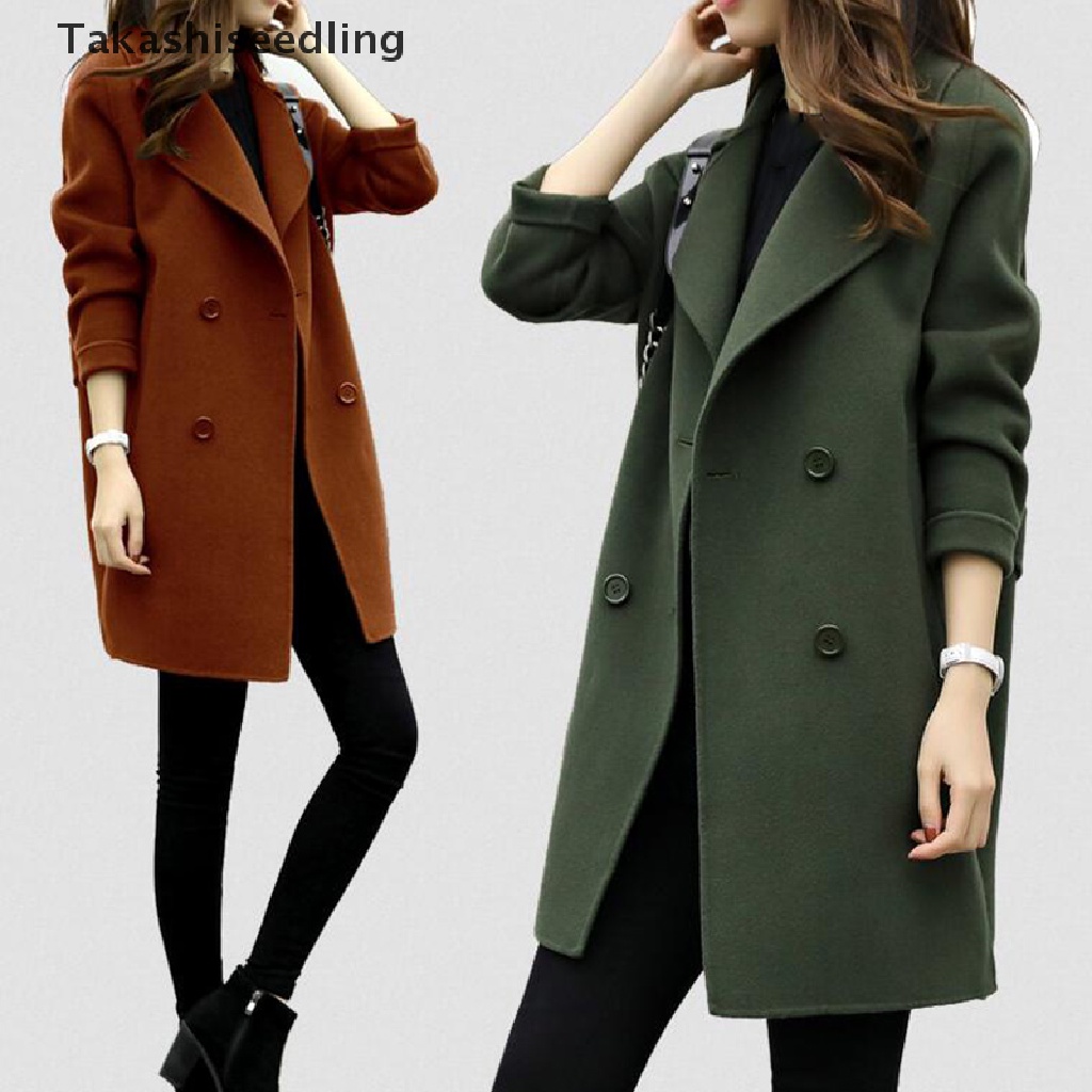 (Takashiseedling) Áo Khoác Len Dáng Dài Màu Trơn Dáng Ôm Giữ Ấm Mùa Đông Cho Nữ