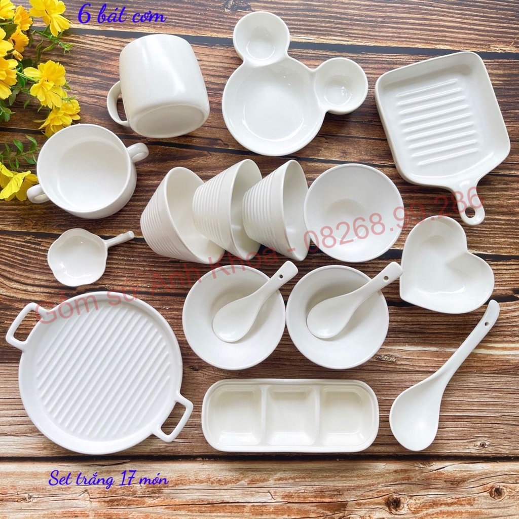 Bộ bát đĩa sứ,Chén Dĩa Sứ Bát Ăn Cơm Decor trang trí món ăn tiện lợi sét trắng 17 món xinh yêu