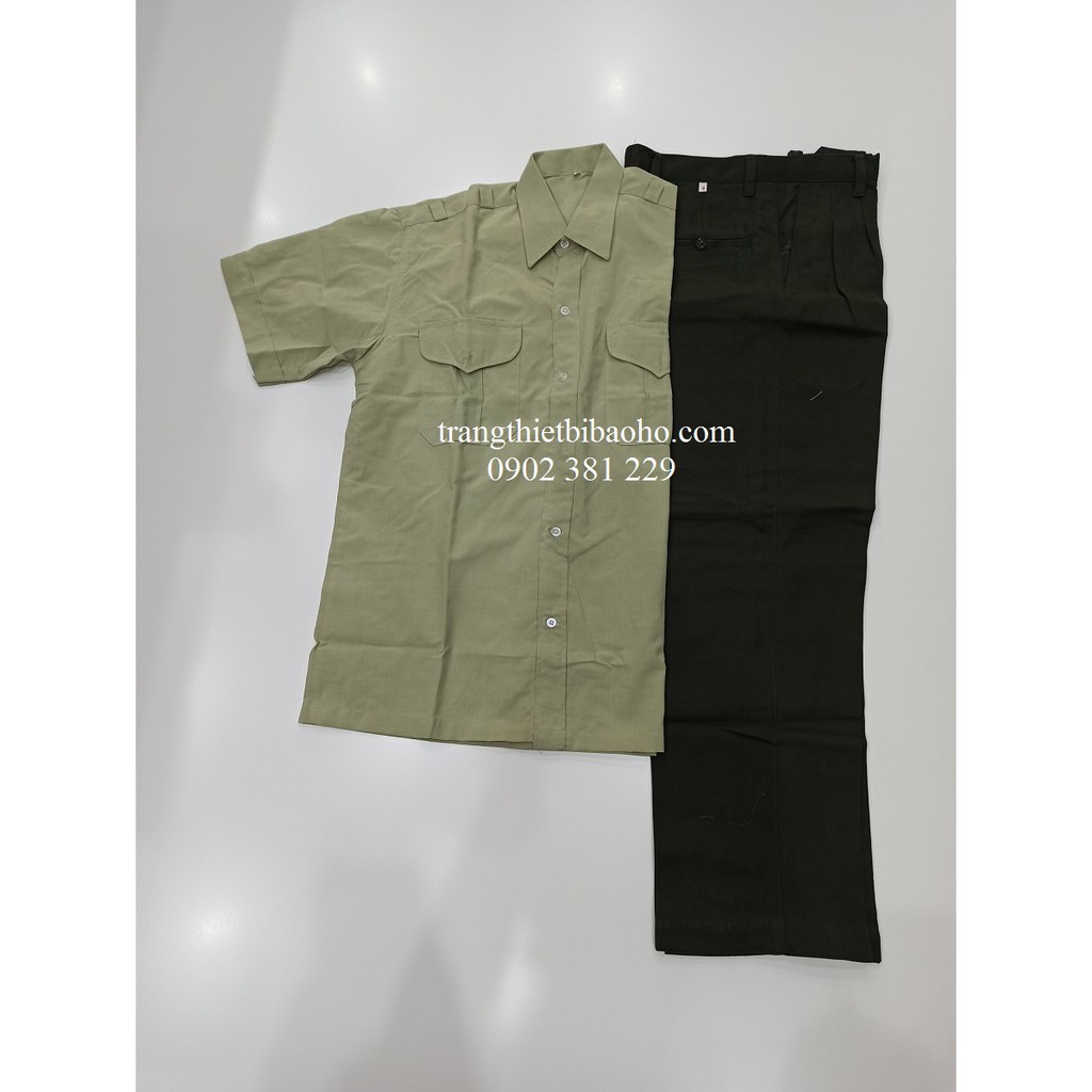 Quần áo bảo vệ tay ngắn, quần kaki xanh rêu, nón rêu đầy đủ phụ kiện - đủ size