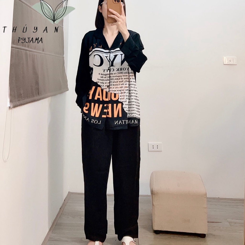 Bộ Pyjama bigsize N.Y.C màu trắng tay dài mặc nhà giá rẻ chất lụa Mango ko nhăn dành cho nữ, mẹ bầu 60 -90kg