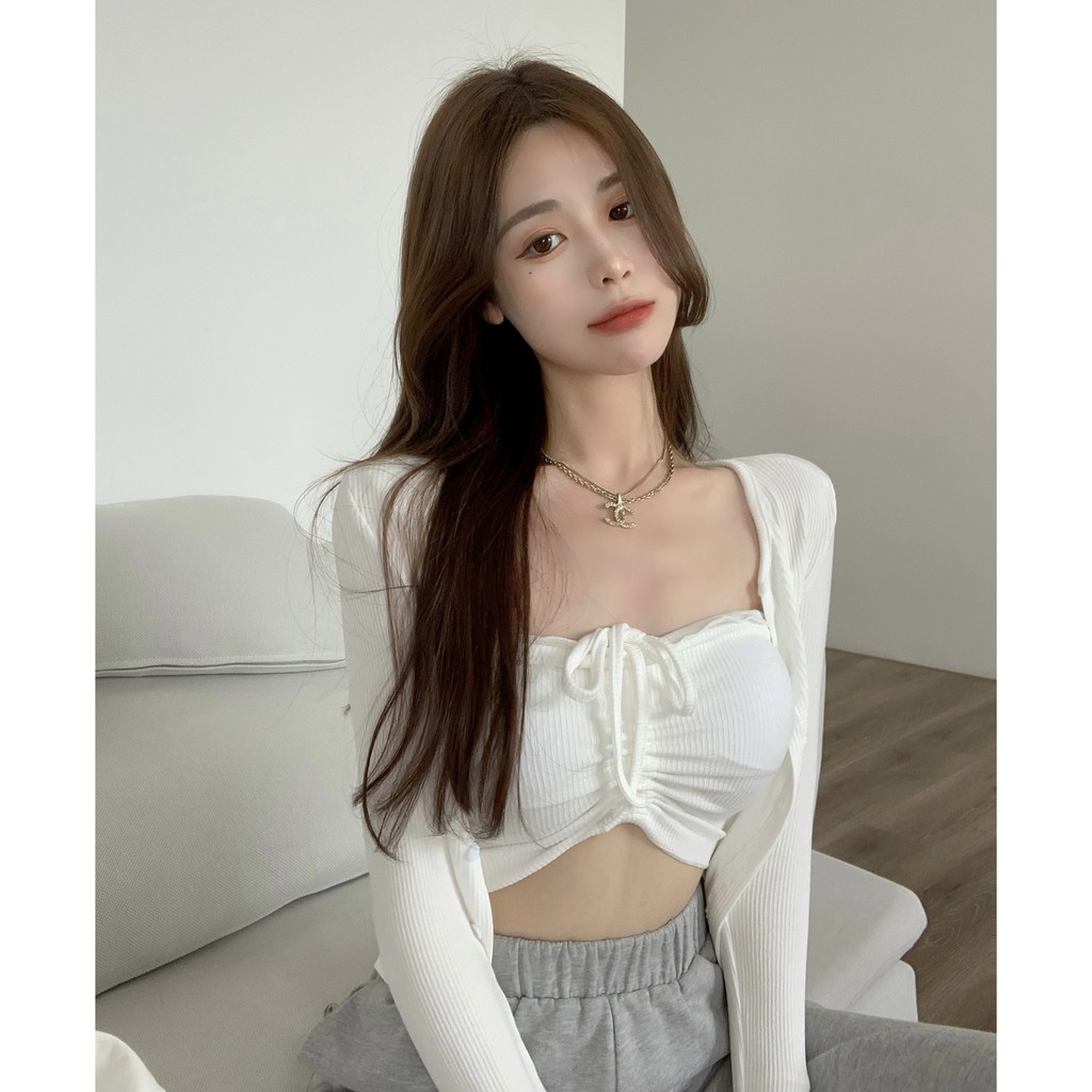 Set áo tube top thắt dây và cardigan khoác ngoài phong cách sexy nữ tính