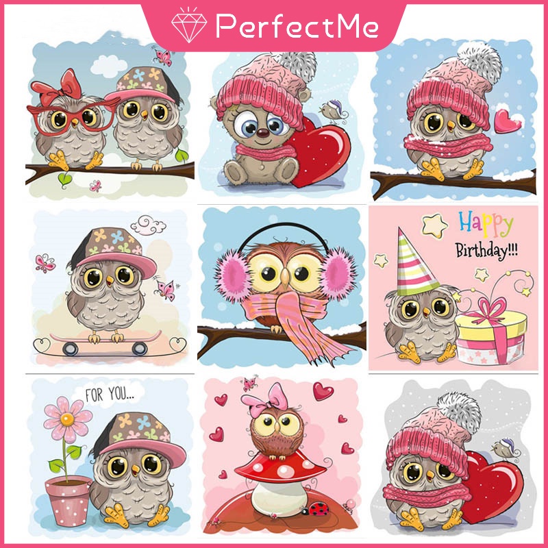 Bộ tranh thêu chữ thập đính đá 5D tự làm hình chim cú 3D 30x30cm