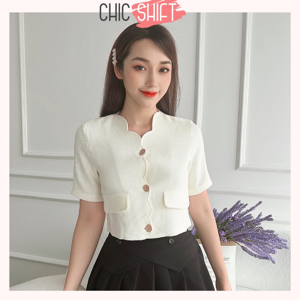 Áo kiểu vải dạ Tweed dáng croptop ngắn tay viền cổ cách điệu cánh hoa dễ phối đồ