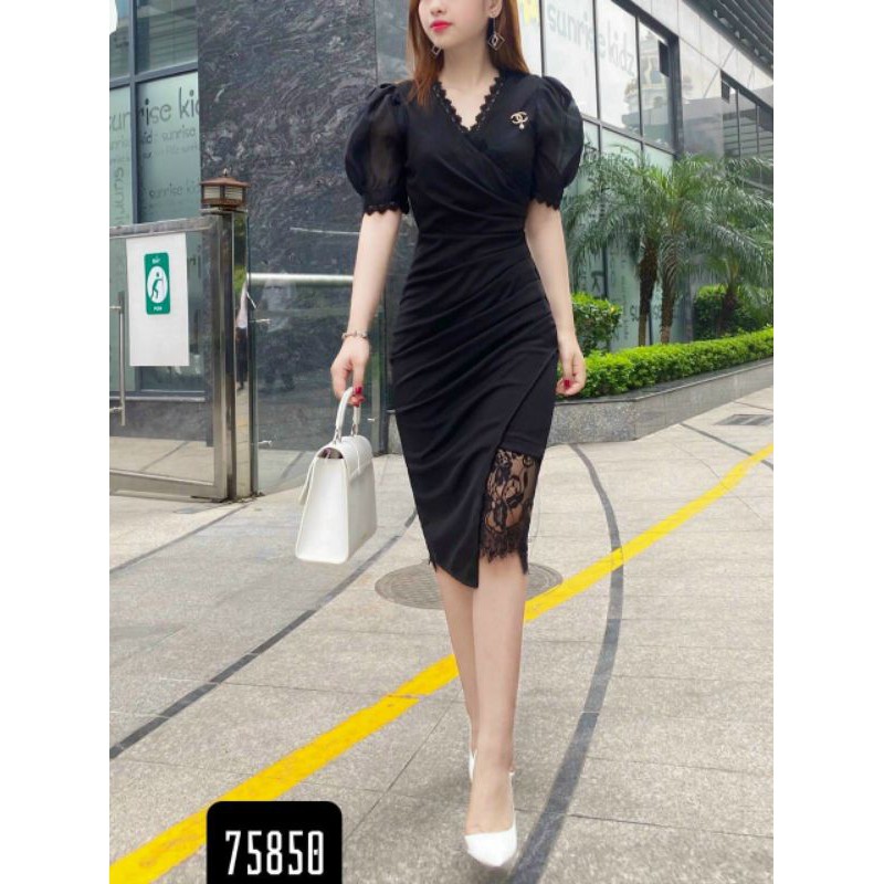 Đầm đen 😘 FREESHIP 😘 đầm dự tiệc kèm hình thật ôm body cổ tim phối ren phòng cách tiểu thư - 75858