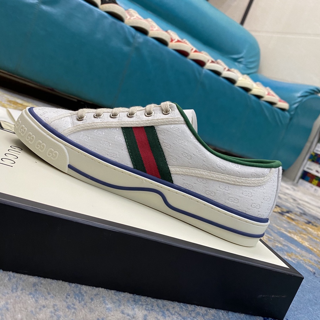 Giày Thể Thao Gucci Tennis 1977 Vải Canvas Cột Dây Màu Trắng Thêu Họa Tiết 5D Thời Trang Cho Cặp Đôi