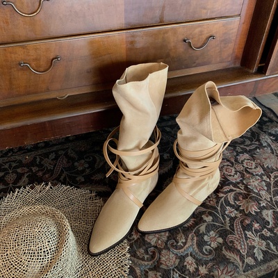 Giày Bốt Denim Mũi Nhọn Gót Thấp Buộc Dây Kiểu Retro Phương Tây Cá Tính Cho Nữ