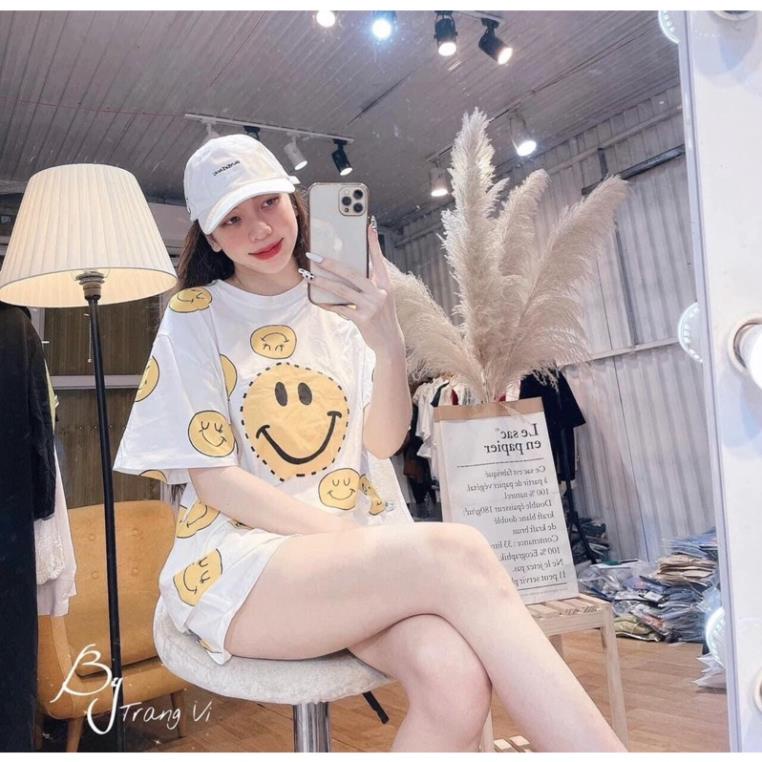 Set Thun Mặt Cười Kèm Short - Bộ Áo Thun Tay Lỡ Form Rộng Hoạ Tiết ICon Dễ Thương Kèm Quần Đùi Cạp Chun