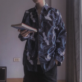 [CÓ SẴN - ẢNH THẬT] Áo sơ mi hoạ tiết chim hạc nam nữ unisex form rộng phong cách ulzzang