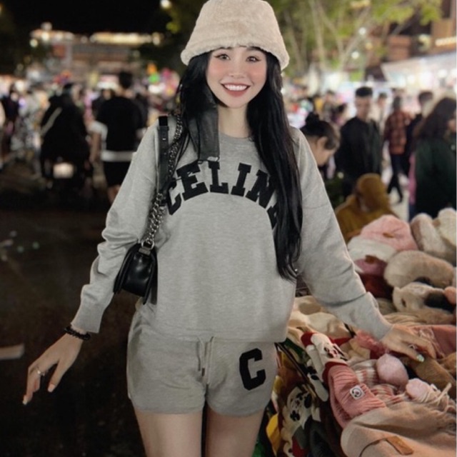 Set Bộ Chữ C Áo Dài Tay Quần Sooc Đùi Chất Bozip Màu Xám