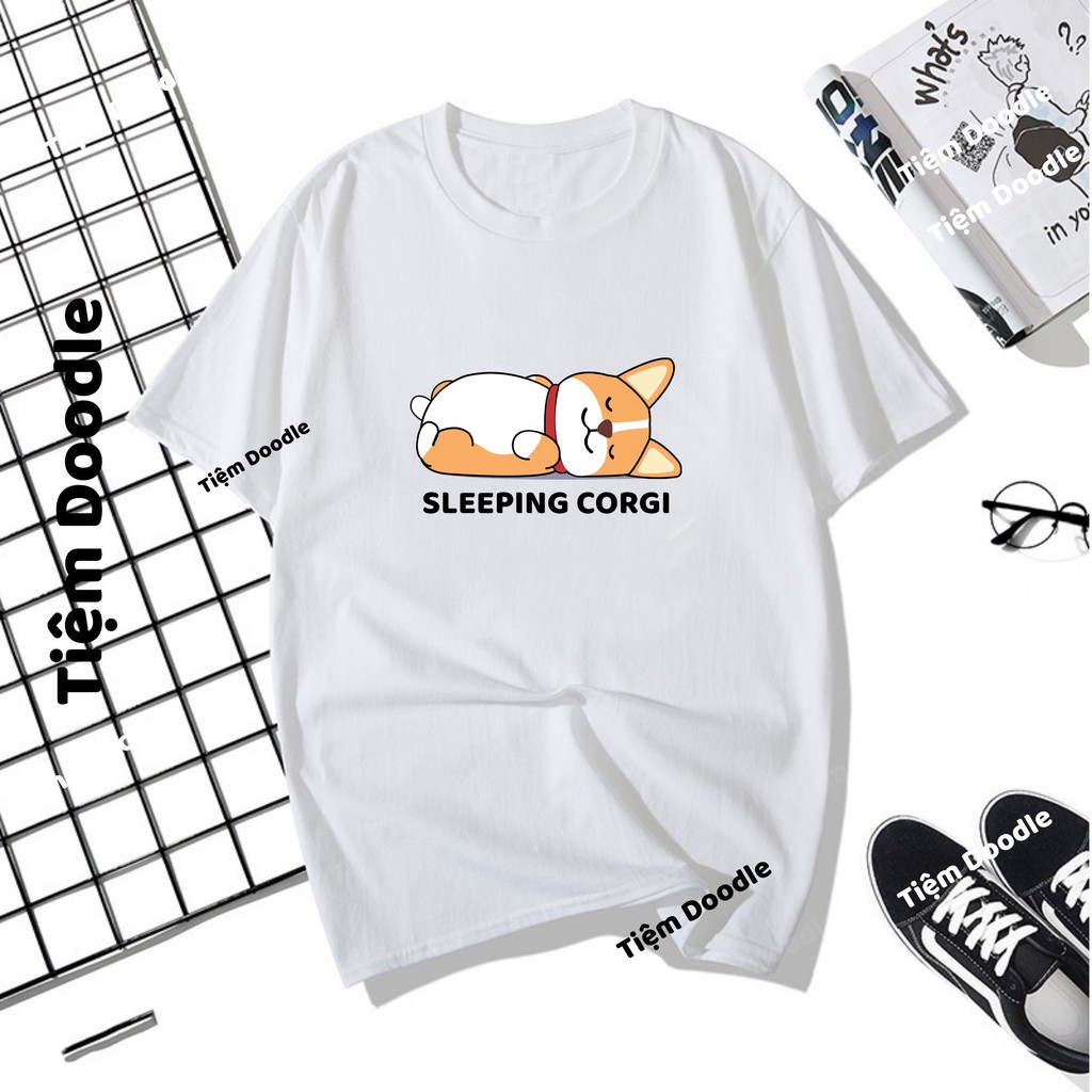 Áo Thun Nam Nữ Tay Lỡ Unisex Phông Trơn Oversize Form Rộng Basic Tee Hình 2 con corgi