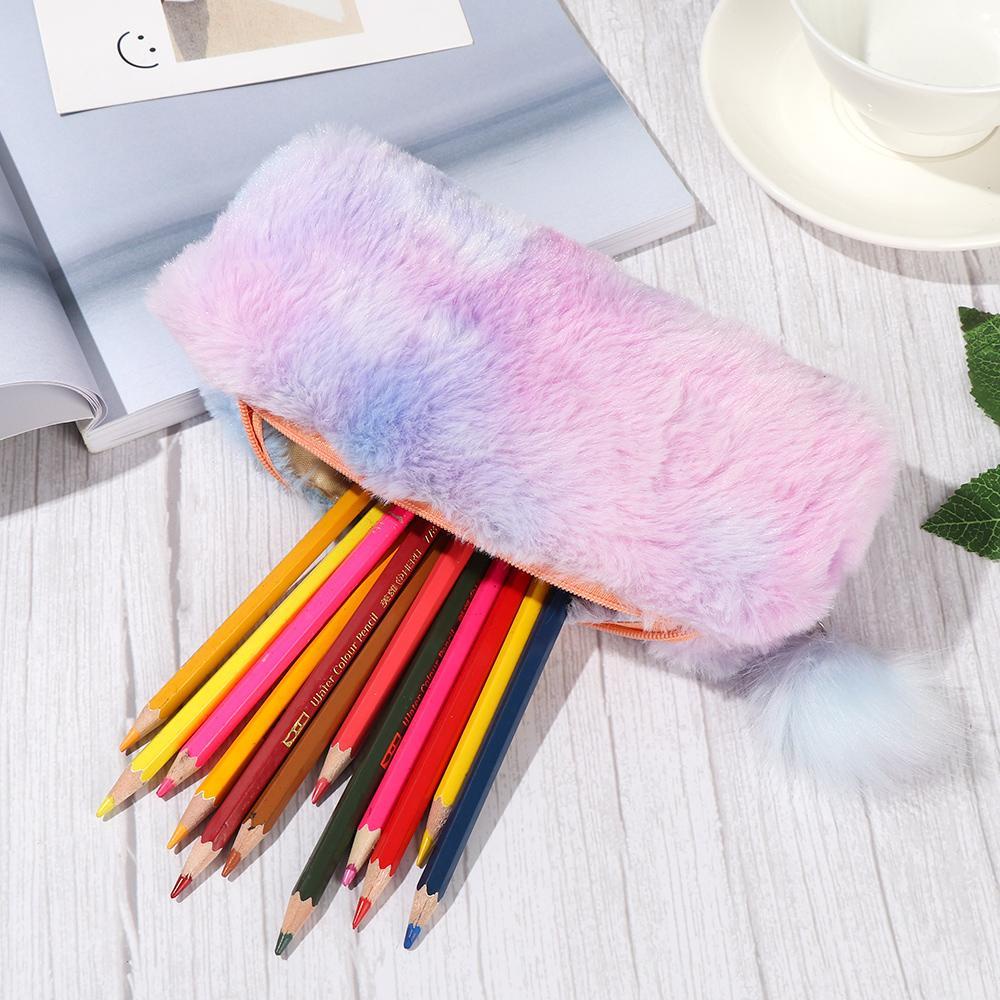 KUNHEV Túi Đựng Bút Hình Bát Giác Phối Lông Xinh Xắn Cho Nữ