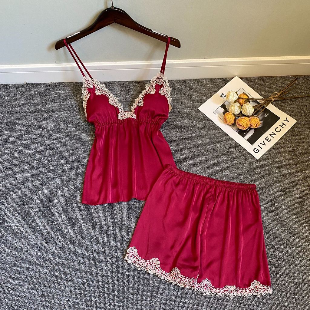 Bộ Đồ Ngủ Hai Mảnh Bằng Lụa Mát Phối Ren Hở Lưng Phong Cách Quyến Rũ Hàng Mới Dành Cho Nữ