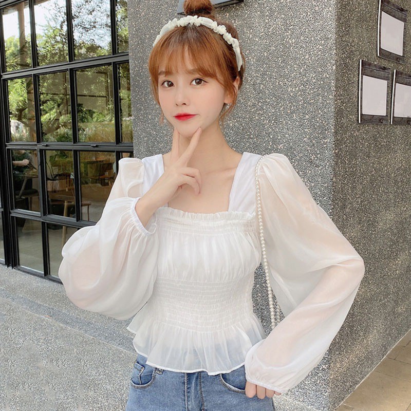 Áo Kiểu Chất Chiffon Tay Ngắn Thiết Kế Cổ Vuông Thanh Lịch