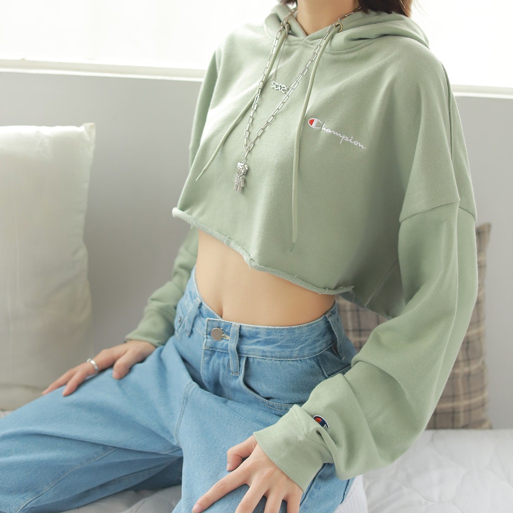 Áo Croptop Hoodie Nữ Thêu Chữ Champion Form Đẹp-Đường Thêu Tỉ Mỉ-Vải Nỉ Da Cá Thoải Mái-Màu Xanh Mint Nhạt Dễ Phối Đồ