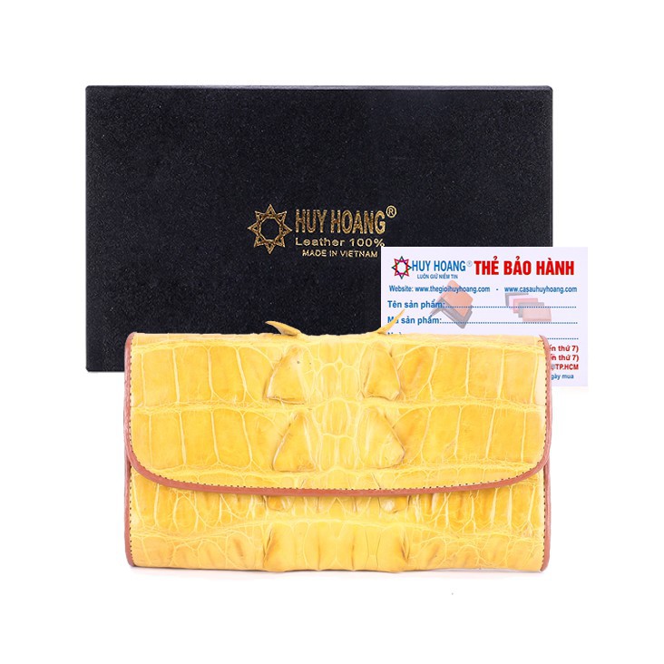 Ví nữ da cá sấu Huy Hoàng 3 gấp gai màu vàng nghệ-XH3298