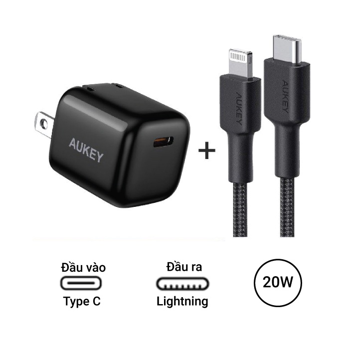 Củ sạc nhanh 20w cho Aukey Pa-B1 Pro + Cáp sạc nhanh type C to Aukey CB-CL3 cho lP7/8/Xs/11/12/13