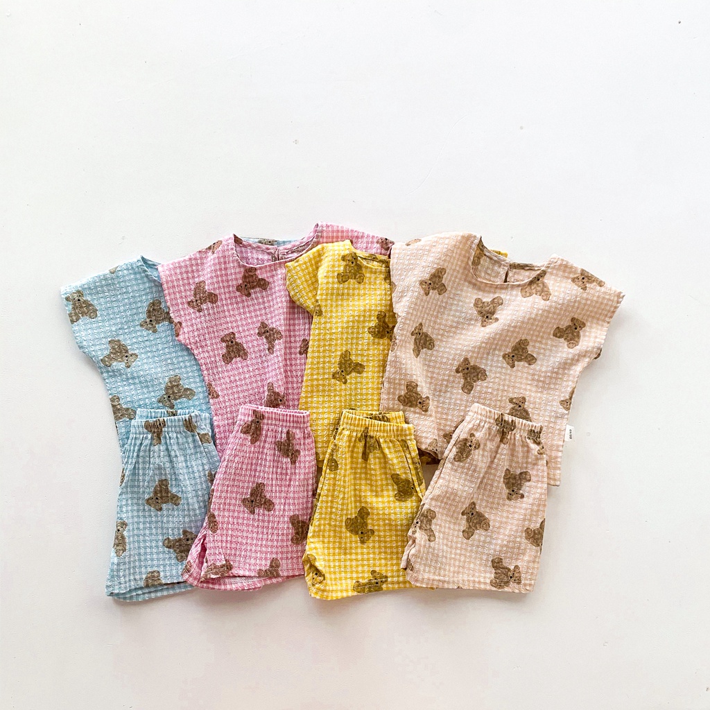 Set áo thun tay ngắn và quần short in hình gấu cho bé trai và bé gái sơ sinh