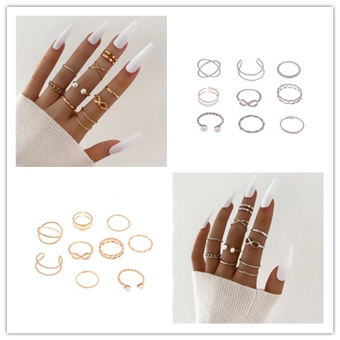 Bộ 9 Nhẫn Đeo Đốt Ngón Tay Đính Ngọc Trai Phong Cách Bohemia Cổ Điển Dành Cho Nữ