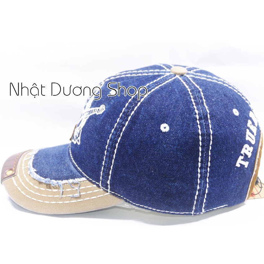 Nón kết ông địa True Religion loại xịn thêu một nữa - Chất liệu vải Jeans cao cấp, vá da trước kết tạo nên sự đẳng cấp