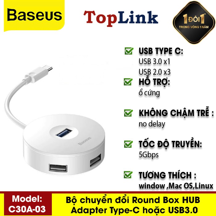 Bộ Chuyển Đổi Baseus Round Box HUB Adapter Type-C Hoặc USB3.0 To USB3.0*1 + USB2.0*3 Cho Macbook Pro Air