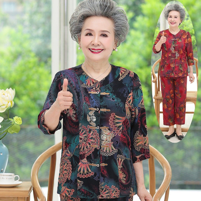 Bà ngoại phù hợp với bà mẹ cao tuổi váy mùa hè người già váy mùa hè nữ hai mảnh phù hợp với 80 tuổi