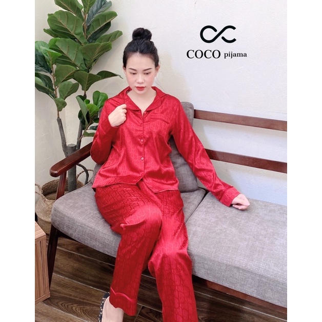 Bộ Pijama Lụa Gấm Mặc Nhà Hoạ Tiết Chữ Xinh