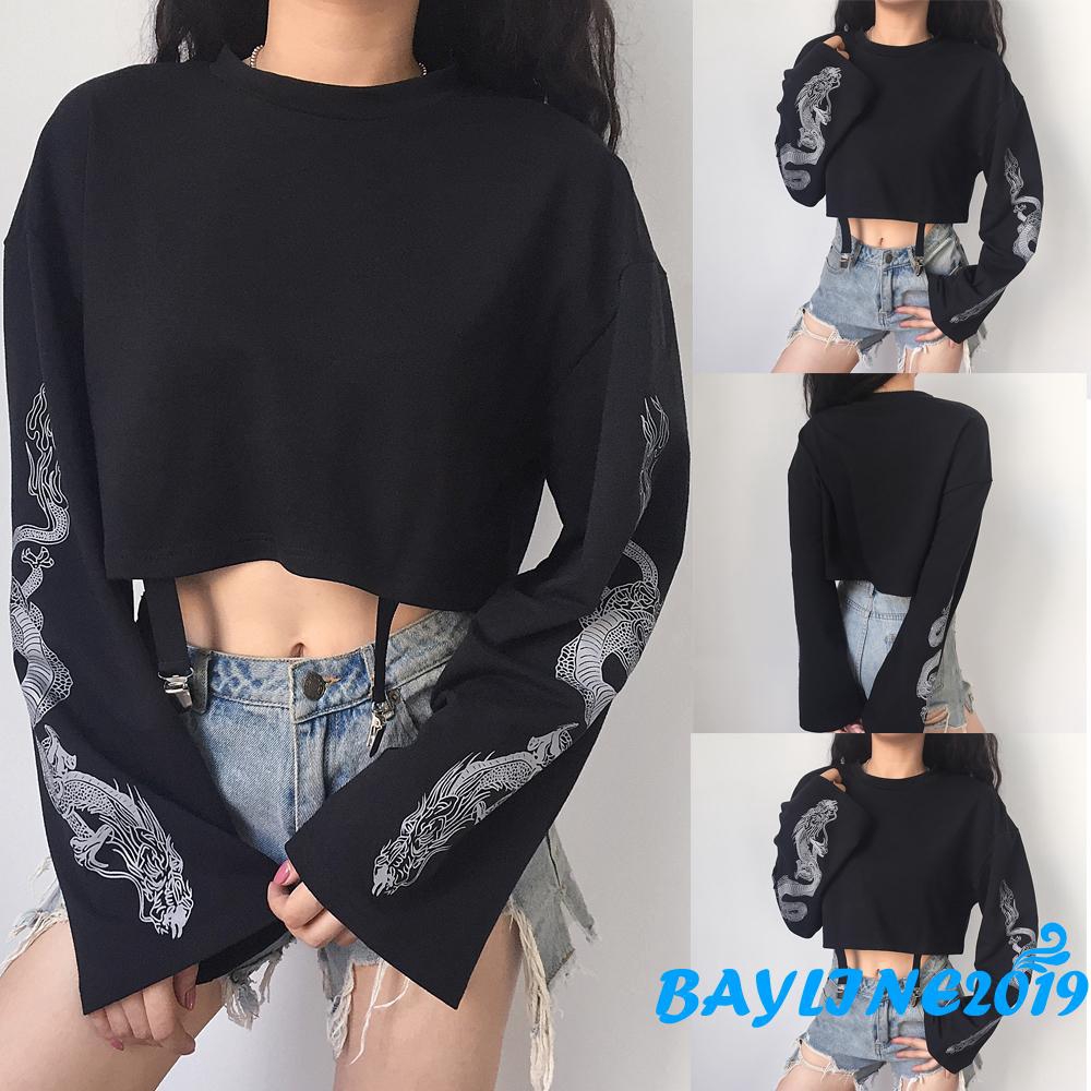 Áo Croptop Tay Dài Cổ Tròn Thiết Kế Đơn Giản Hợp Thời Trang