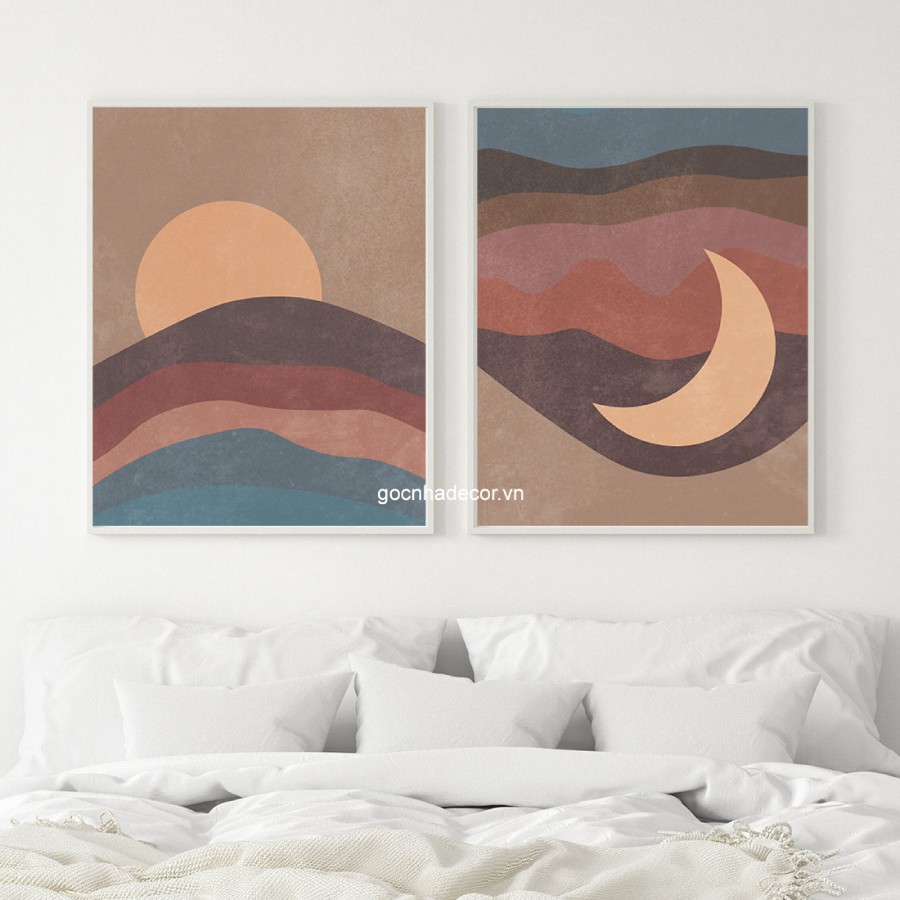 Bộ 2 tranh canvas mặt trăng mặt trời, tranh treo tường, tranh treo phòng ngủ