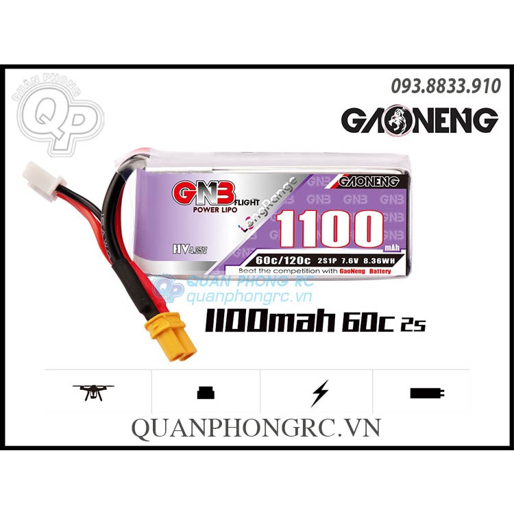 Pin 2S GNB 1100mAh 60C 7.6V LiHV Battery XT30 Plug