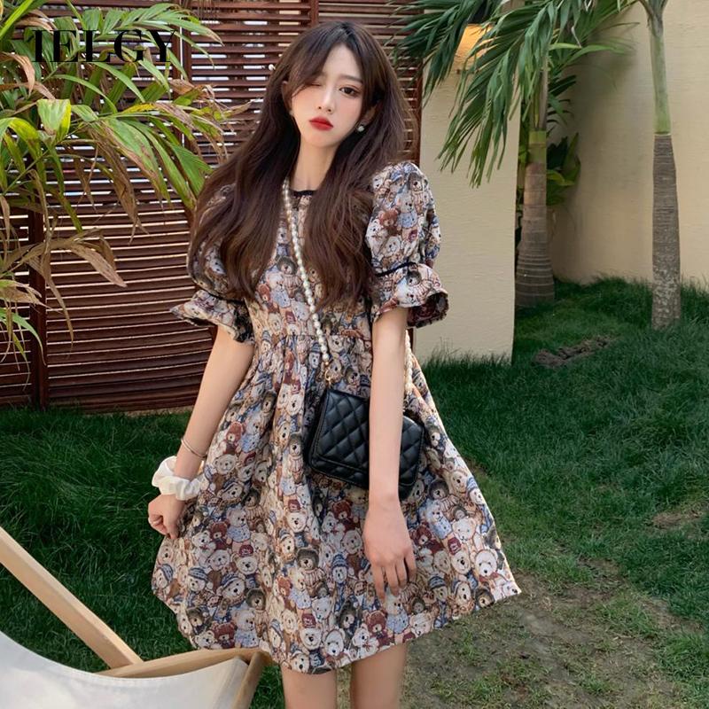 Đầm IELGY tay ngắn họa tiết gấu xinh xắn theo phong cách cổ điển cho nữ