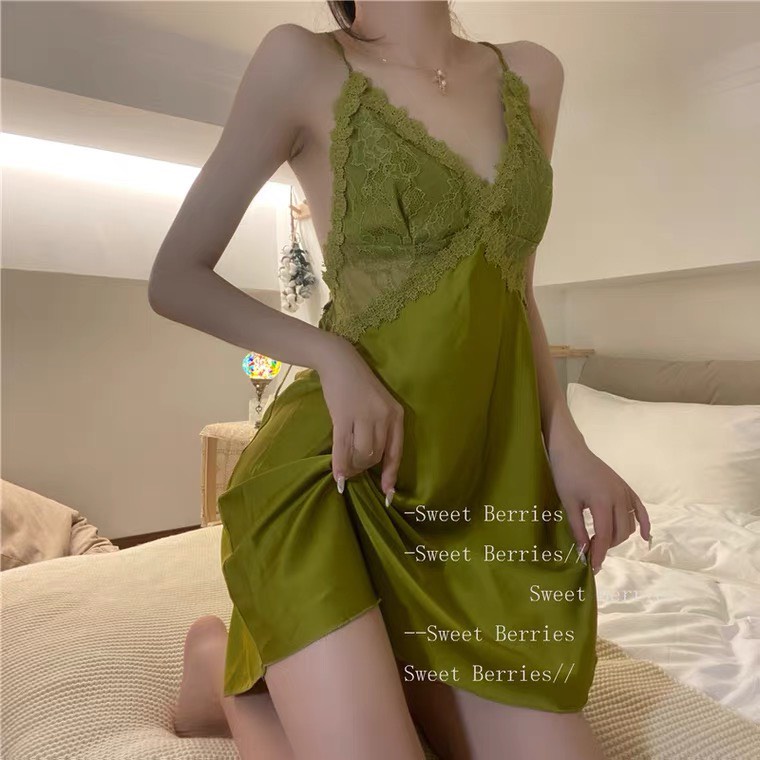 Váy ngủ 2 dây sexy, váy ngủ gợi cảm phối ren hở lưng chất satin mềm mịn freesize - Linqu Sleepwear