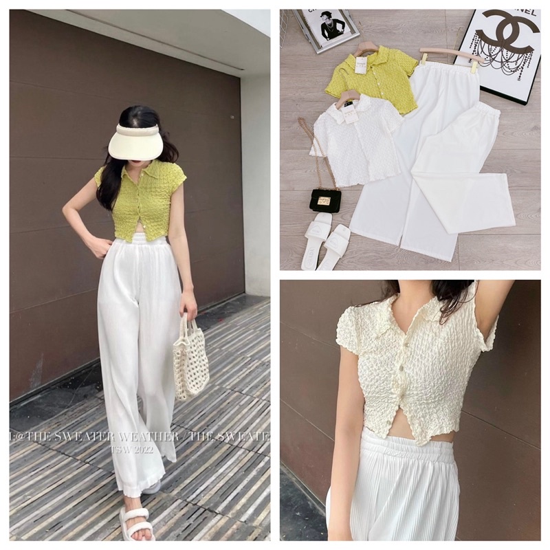 [ 𝐅𝐑𝐄𝐄 𝐒𝐇𝐈𝐏 ] SÉT ÁO CRT MIX QUẦN SUÔNG TRẮNG ÁO LEN XỐP NHĂN QC QUẦN SUÔNG ĐŨI