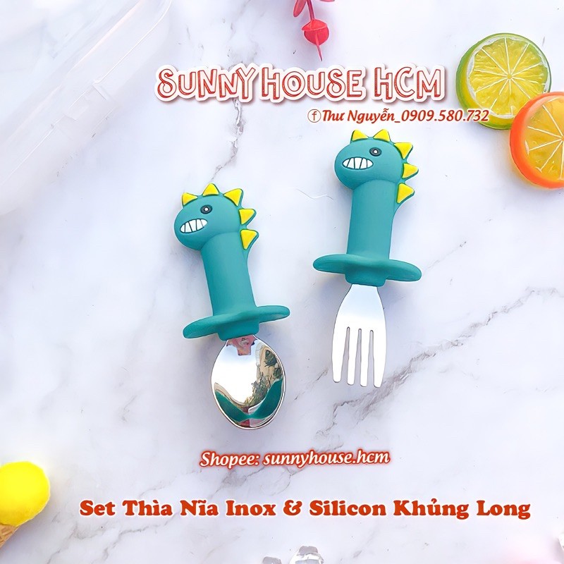 Bộ thìa nĩa cho bé tập xúc đồ ăn chất liệu inox chống gỉ cán silicon hình khủng long