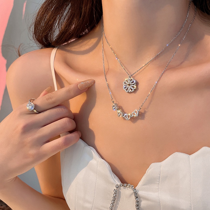 Women folding heart-shaped four-leaf clover Pendant Necklace/Girls cubic zirconia Simple Chain Necklaces /Ladies Fashion Design jewellery Gifts