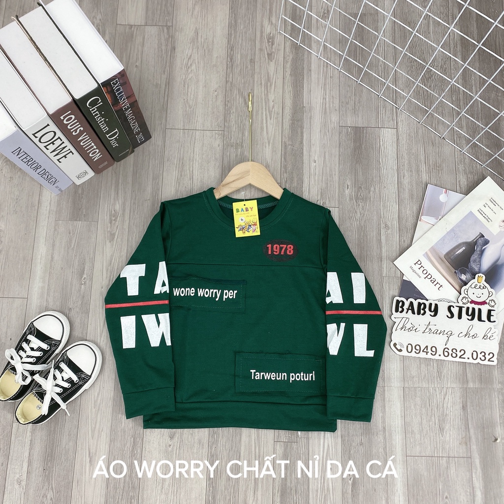 Áo nỉ thu đông da cá &quot;WORRY PER&quot; 14-45kg dành cho bé trai 4-14 tuổi. Thiết kế đẹp, vải dày dặn. B43