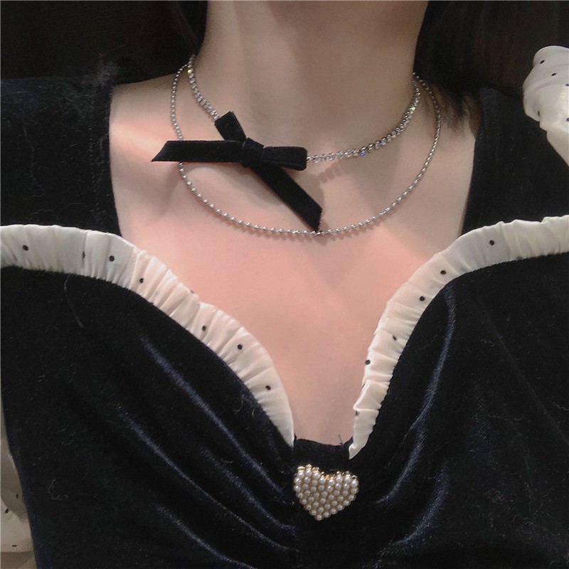 Vòng cổ choker 2 lớp mặt hình nơ đính đá phong cách Hàn Quốc thời trang
