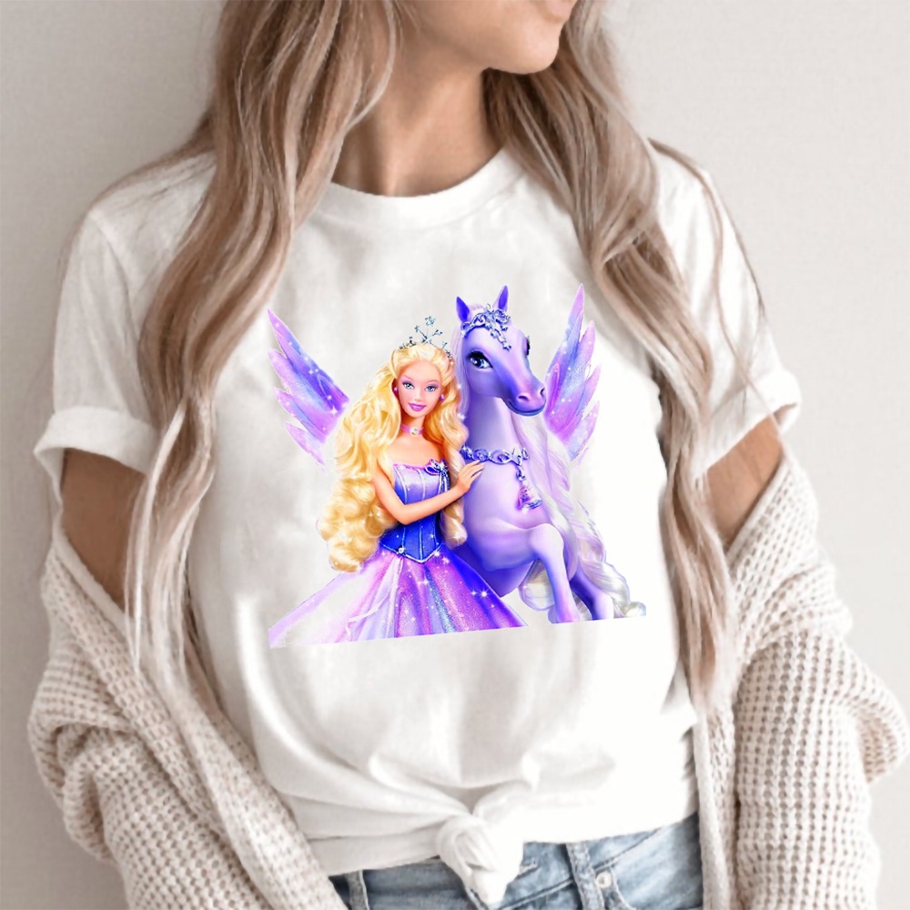 Áo Thun Tay Ngắn Màu Trắng In Hình Búp Bê Barbie Thời Trang Mùa Hè Dành Cho Nữ 2022