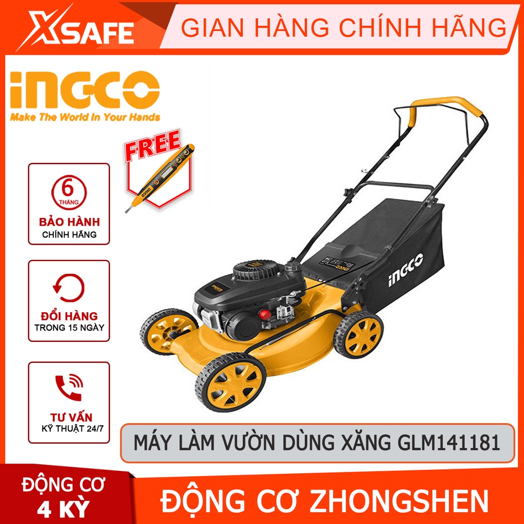 Máy cắt cỏ đẩy dùng xăng INGCO GLM141181 Máy làm vườn 3.0Kw(4HP), động cơ 4 thì, chiều rộng cắt 460mm(18'') - Chính hãng