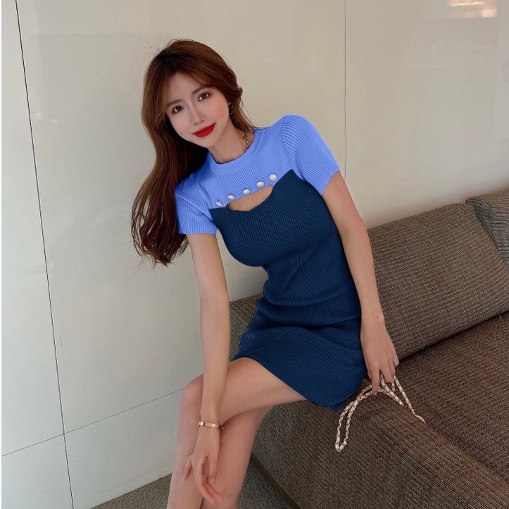 Đầm ZHELIHANGFEI dệt kim ngắn tay hở ngực phối màu sắc trẻ trung thời trang