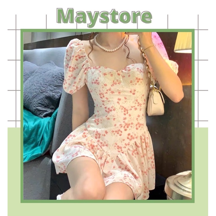 Váy hoa nữ cổ vuông tay áo ngắn mùa hè kiểu Pháp cao cấp Maystore