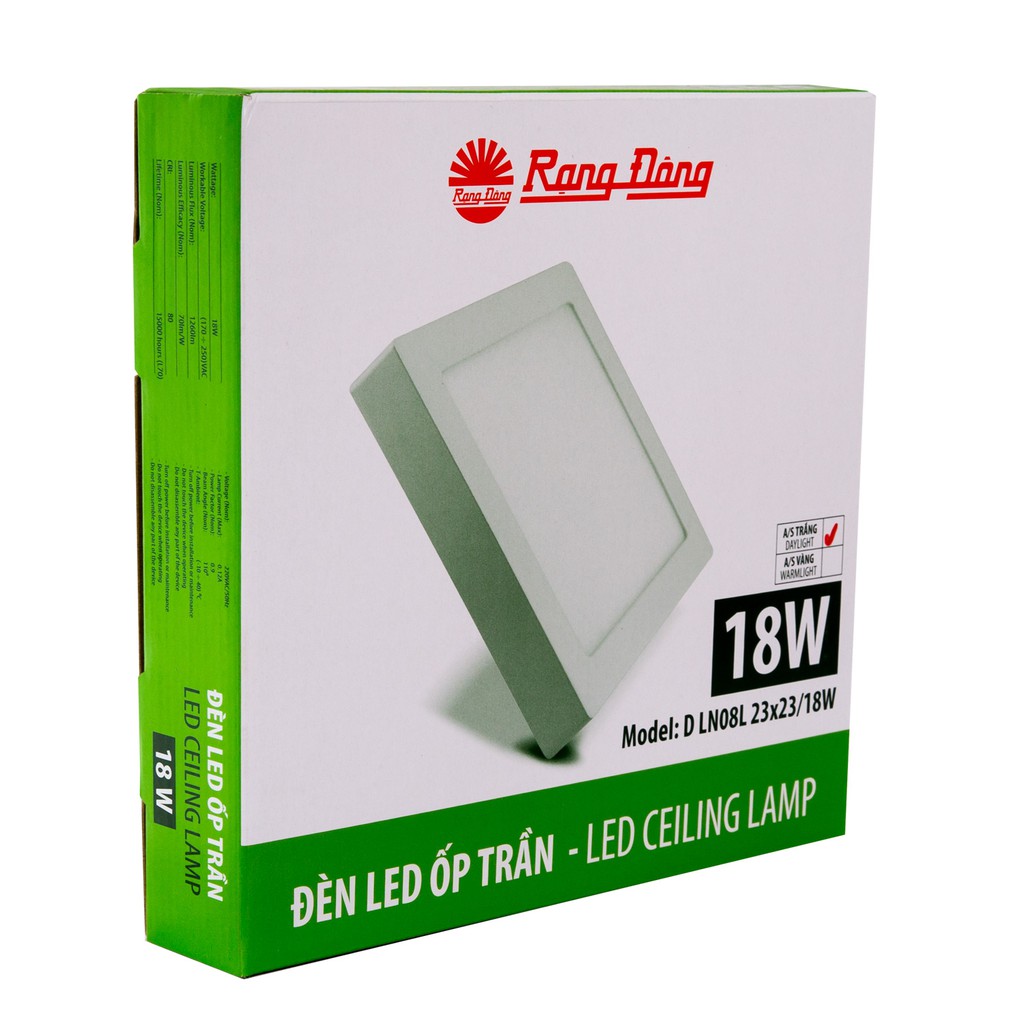 [Chính Hãng] Đèn LED Ốp trần 18W Rạng Đông, trang trí nhà đẹp, siêu sáng, tiết kiệm điện, Model: D LN08L 23x23/18W