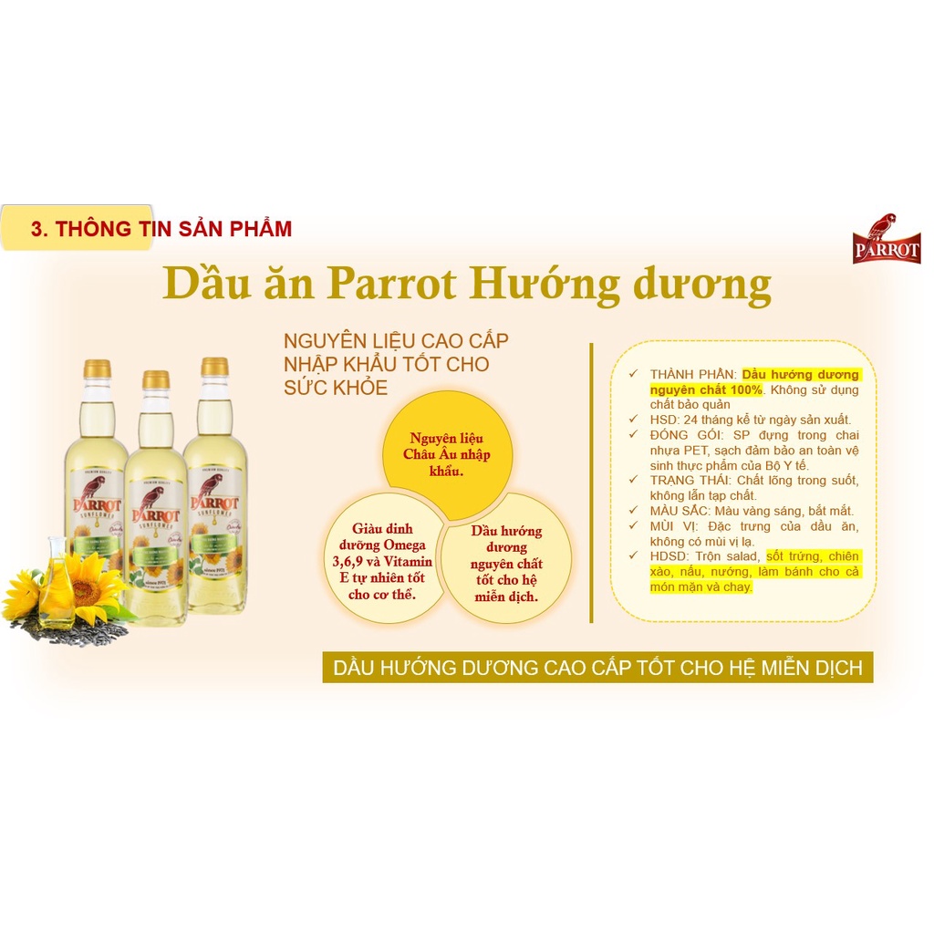 Dầu Ăn Parrot Hướng Dương Cao Cấp 1L-Parrot Sunflower Oil-Sản Phẩm Chính Hãng