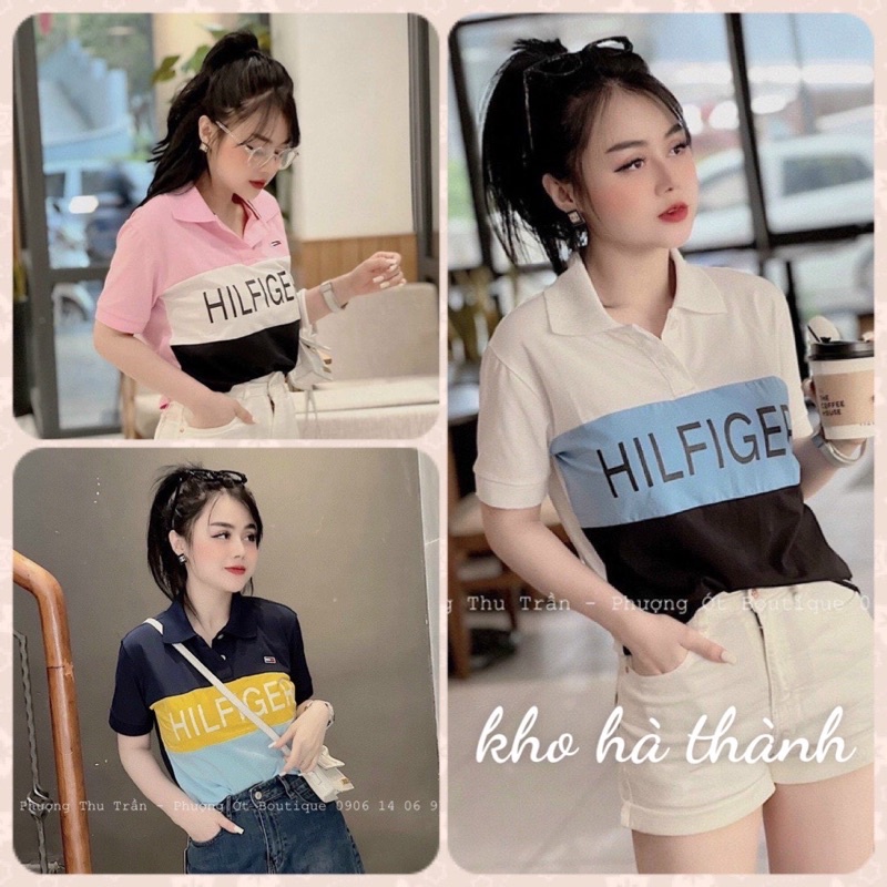 Áo polo nữ phối màu in chữ HILF