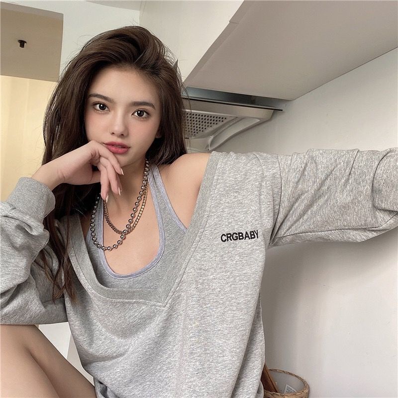 Áo Sweater Tay Dài Hở Vai Cổ Chữ V Dáng Rộng Phong Cách Hàn Quốc Mới 2020 Dành Cho Nữ